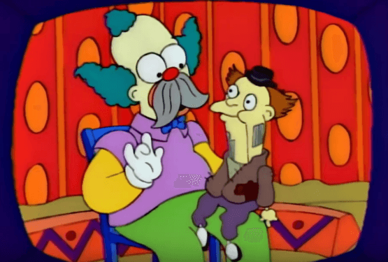 Krusty does ventriloquism in The Simpsons: Krusty Gets Kancelled