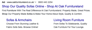 Example of sofa shop using sitelink extensions in Google Ad