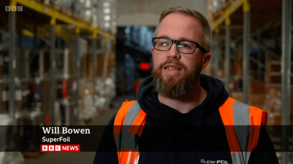 Will Bown, MD of SuperFOIL Insulation appearing on BBC News at Six and BBC News at Ten. His name is wrongly spelled Will Bown, which is a bit frustrating - especially since they had his name in writing several times ahead of broadcast. Ah well!