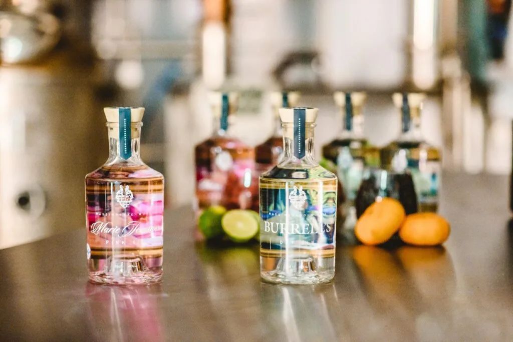 Burrells Dry Gin and Marie-Jeanne's Pink Gin in the distillery Burrells Dry Gin and Marie-Jeanne's Pink Gin bottles in the distillery