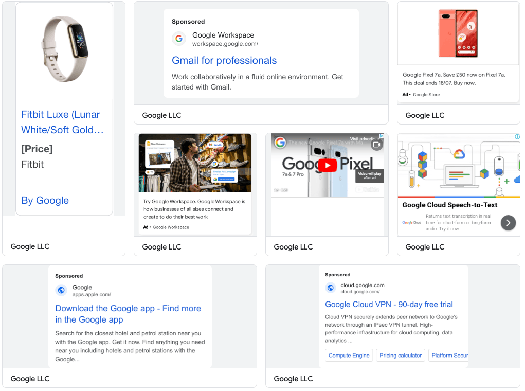 Examples of adverts run by Google through Transparency Center / Transparency Centre