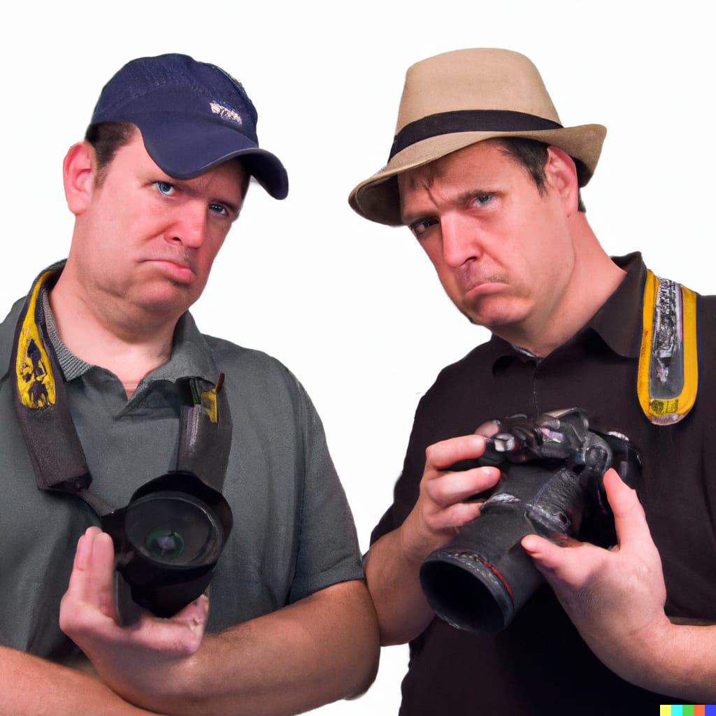 An AI generated image of angry photographers who are upset at their copyright being infringed