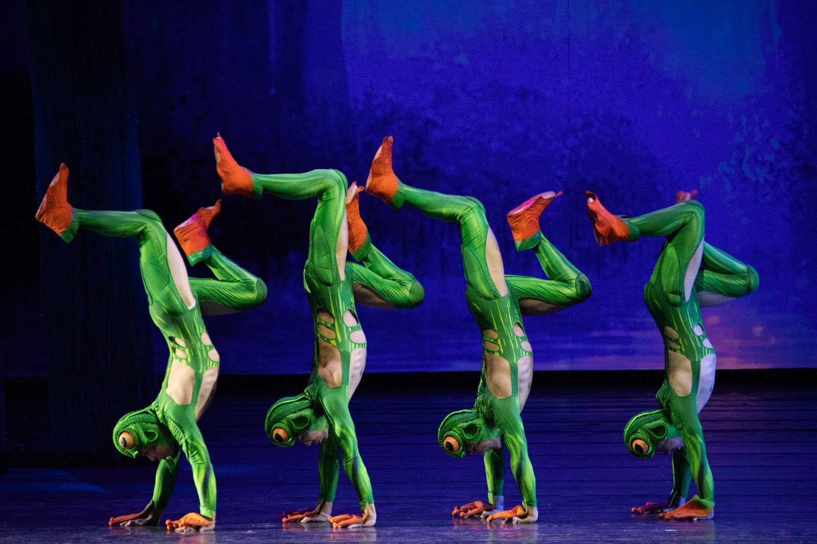 Acrobatic performers dressed as frogs on stage