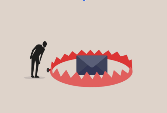 Illustration of person looking at envelope in a bear trap device