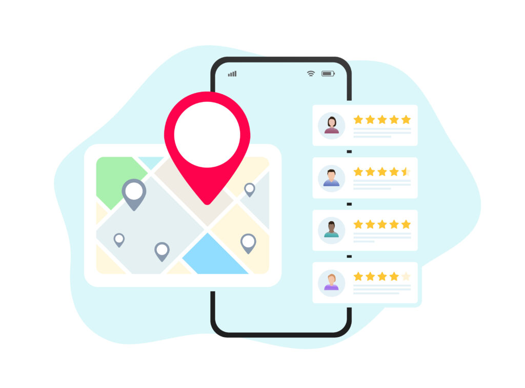 Local SEO on virtual map with customer reviews