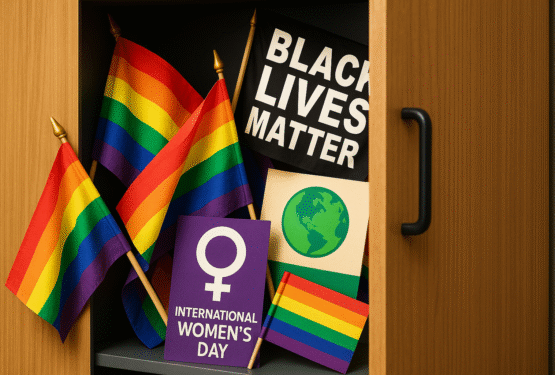 Pride flags, International Women's Day, Earth Day and Black Lives Matter banners stuffed into an office cupboard as if DEI values have been ditched