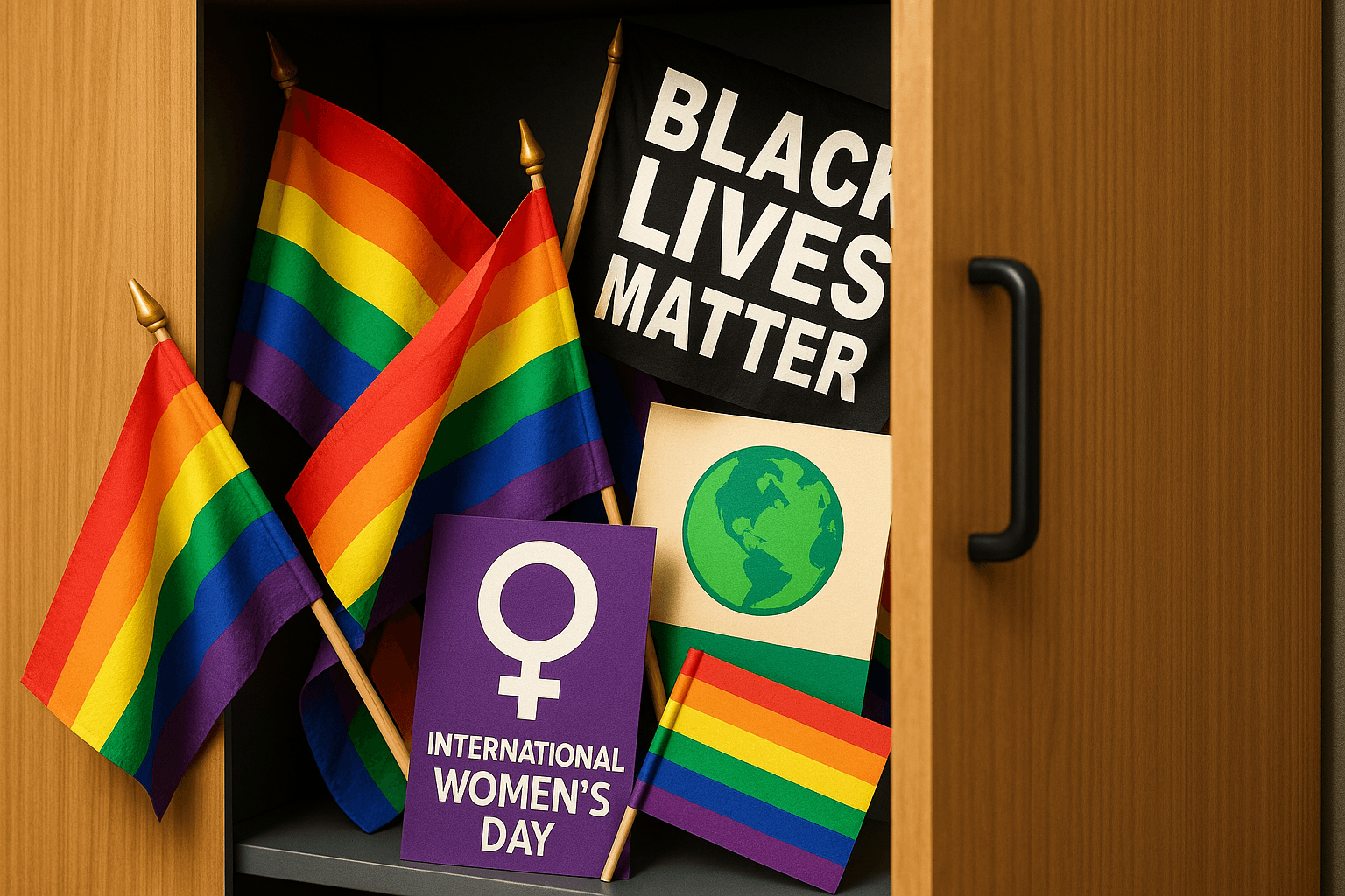 Pride flags, International Women's Day, Earth Day and Black Lives Matter banners stuffed into an office cupboard as if DEI values have been ditched