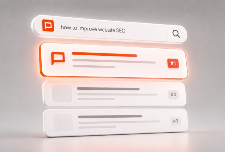 A stylised search results page for the search 'how to improve website SEO'